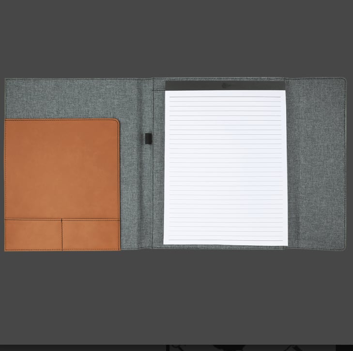Custom Engraved Rawhide Leatherette & Gray Canvas Portfolio E&S Creative Works