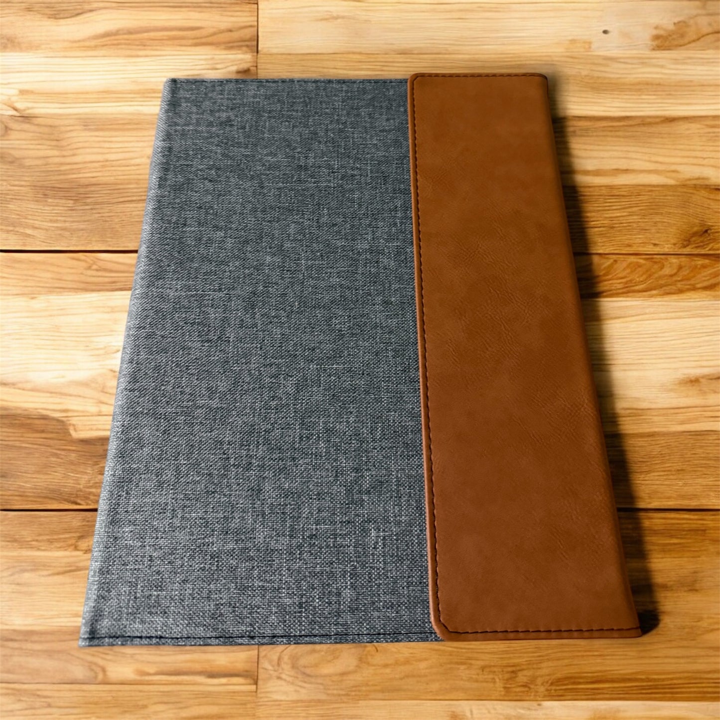 Custom Engraved Rawhide Leatherette & Gray Canvas Portfolio E&S Creative Works
